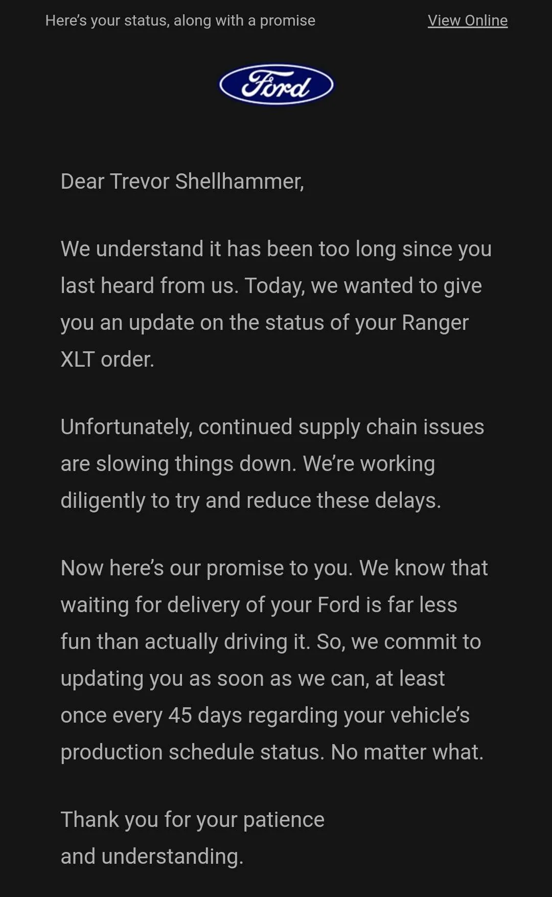 Ford Ranger You will receive an update on your order within 45 days? Screenshot_20230711_083713_Outlook