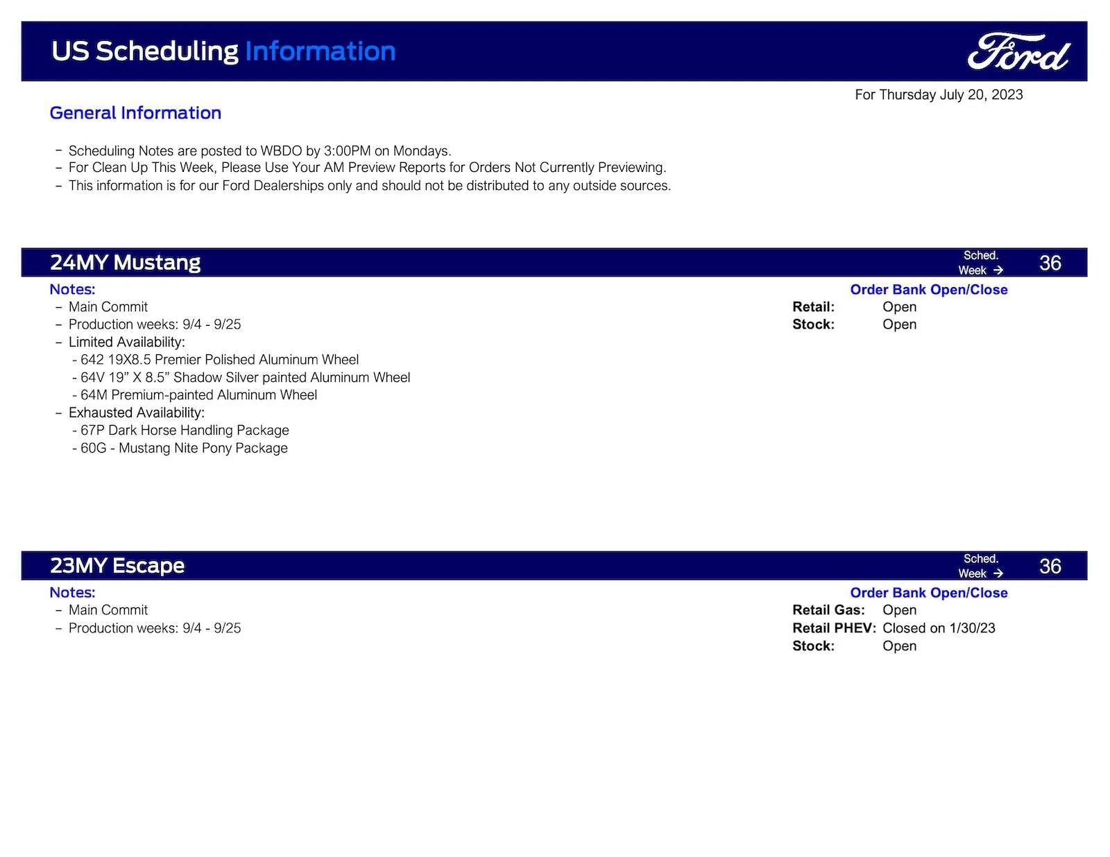 Ford Ranger 2024 Ranger Scheduling This Week (7/20/23) for Production Weeks 9/4-9/25 Ford Scheduling Information - 7.17.23-1