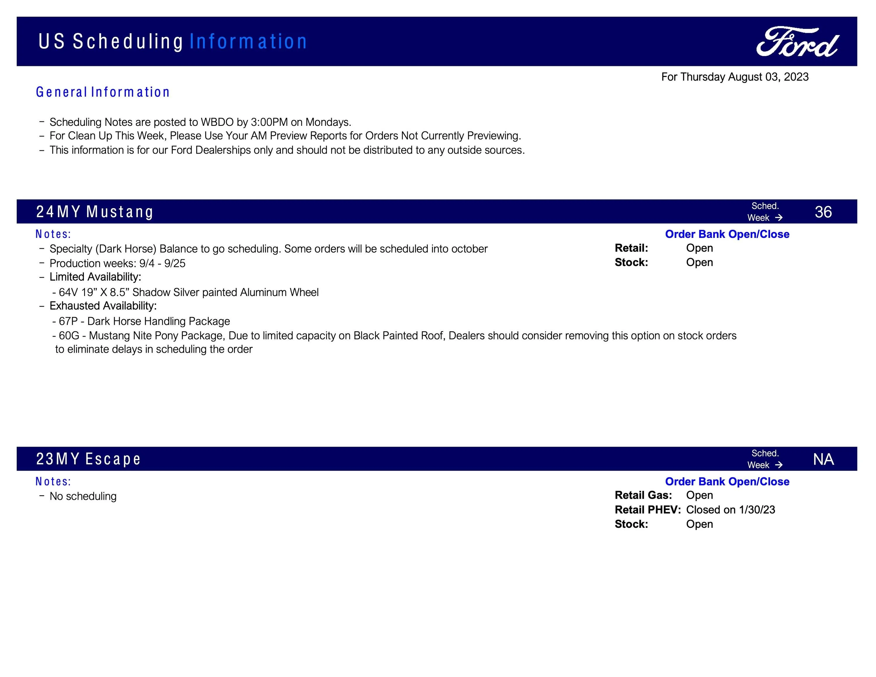 Ford Ranger No Ranger Scheduling This Week (8/3/23) Scheduling Notes 7.31.23-1