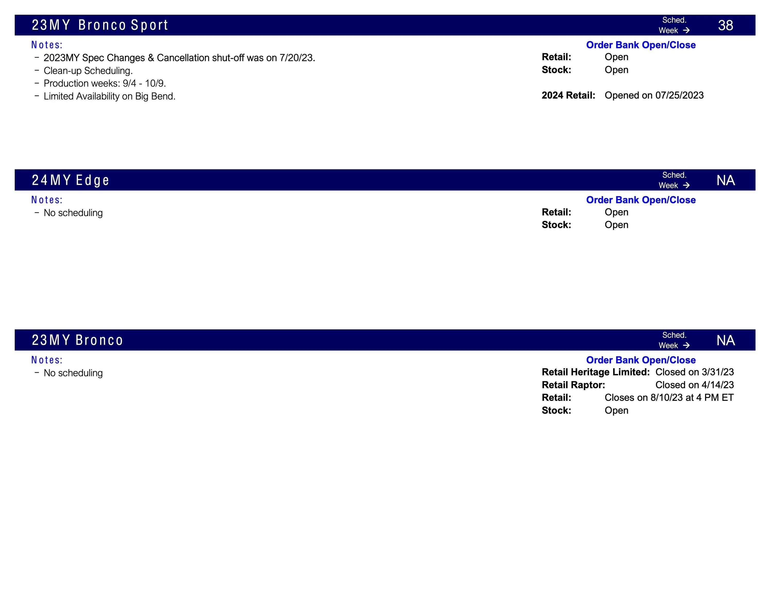 Ford Ranger No Ranger Scheduling This Week (8/3/23) Scheduling Notes 7.31.23-2