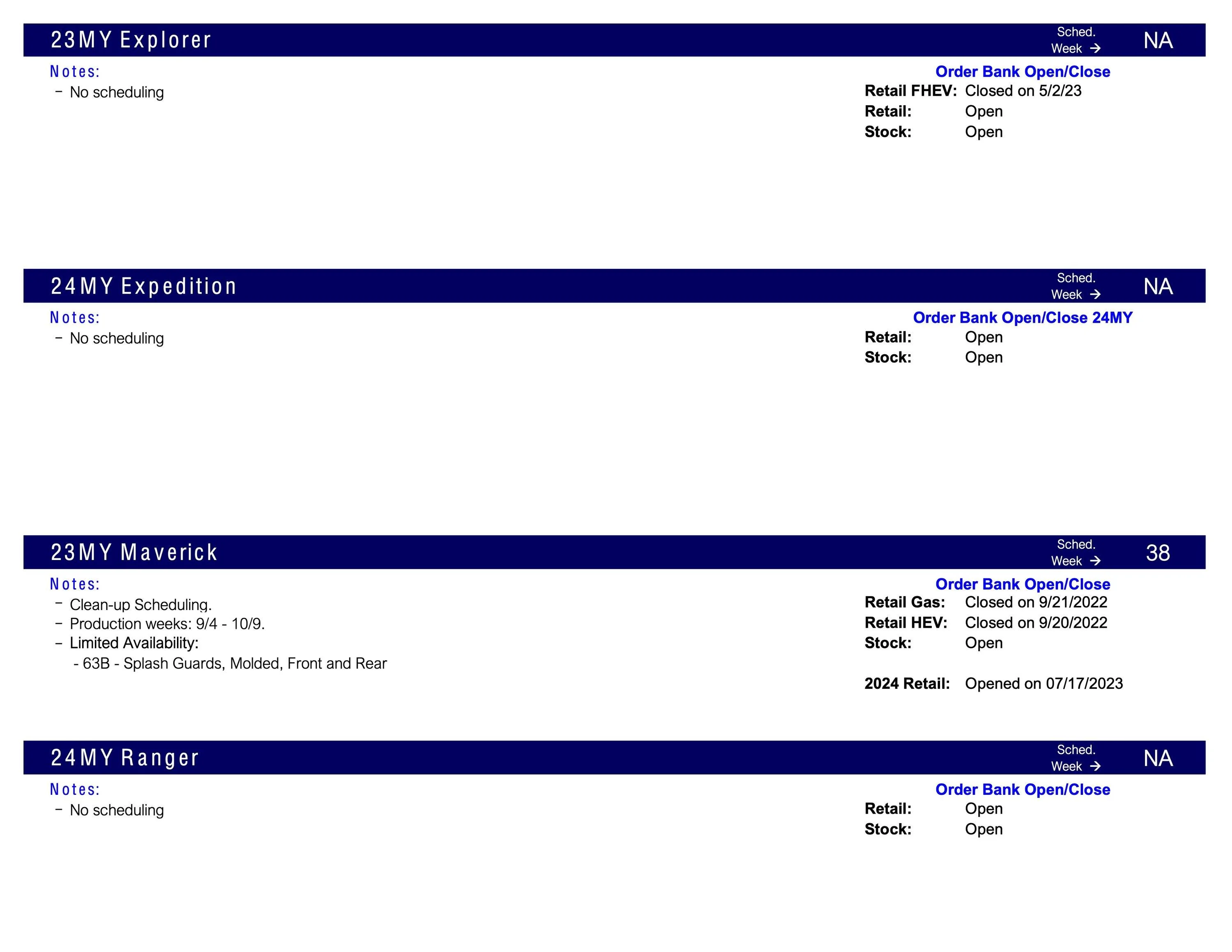 Ford Ranger No Ranger Scheduling This Week (8/3/23) Scheduling Notes 7.31.23-3
