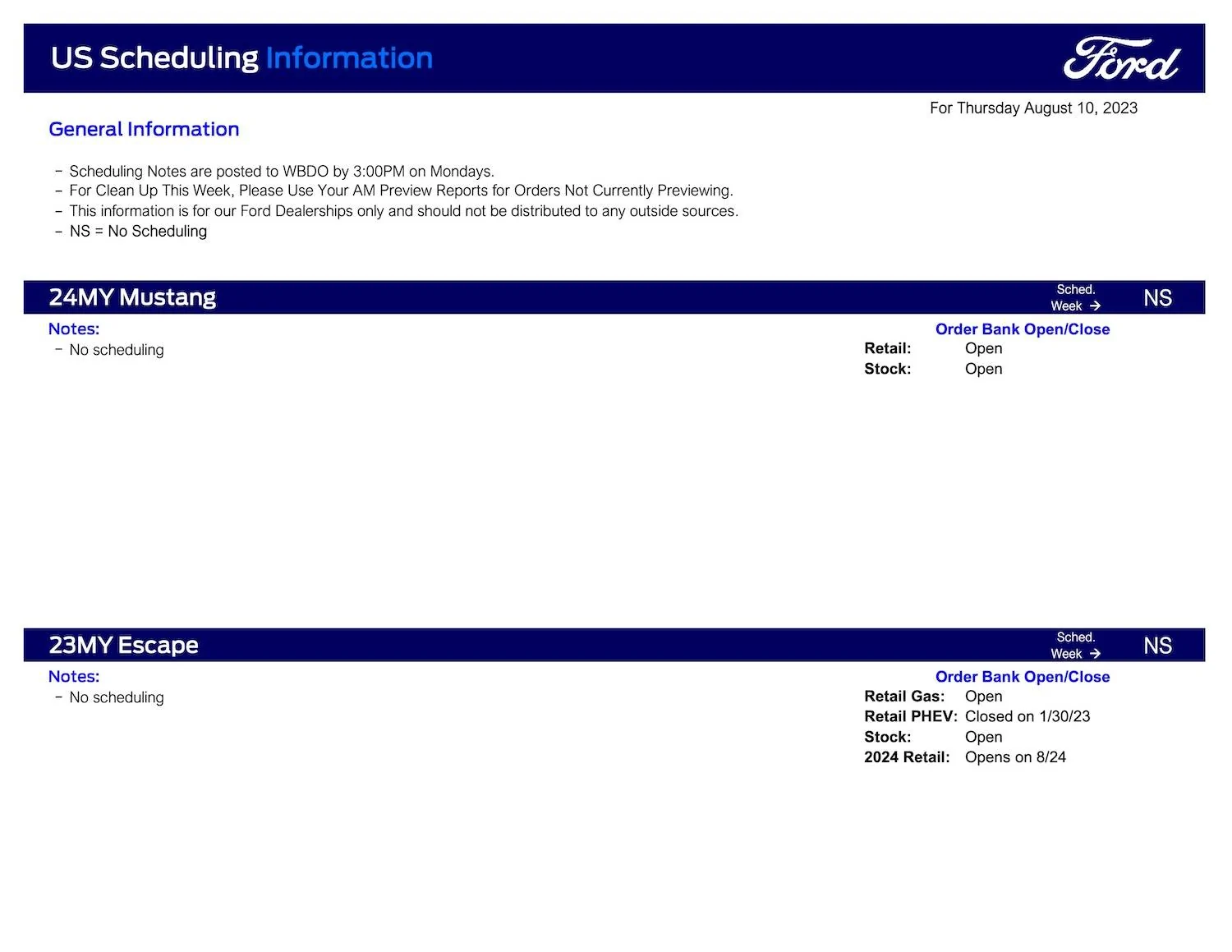 Ford Ranger No Ranger Scheduling This Week (8/10/23) Ford Scheduling Notes 8.7.23-1