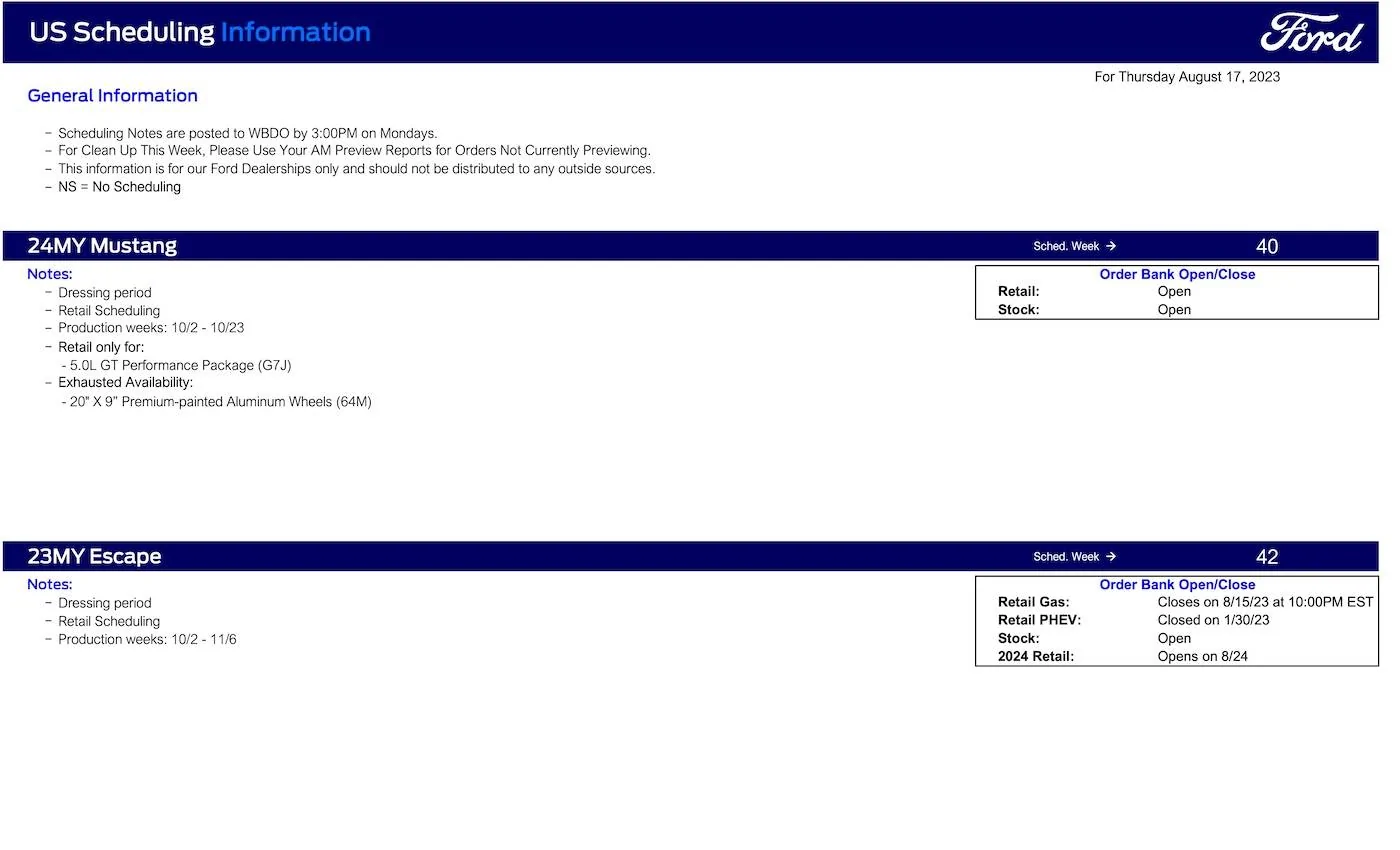 Ford Ranger No Ranger Scheduling This Week (8/17/23) Ford Scheduling Notes 8.14.23-1