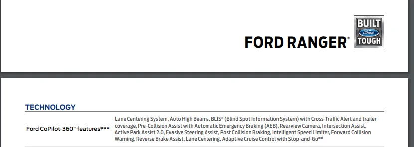 Ford Ranger No Intelligent ACC/Lane Centering for USA 1696204328234
