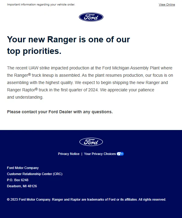 Ford Ranger Latest Canned Email Update Ford