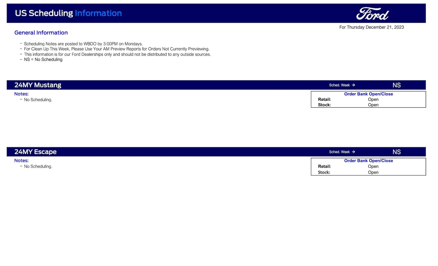 Ford Ranger 2024 Ranger No Scheduling This Week (12/21/23) Ford Scheduling Notes - 12.18.23-1