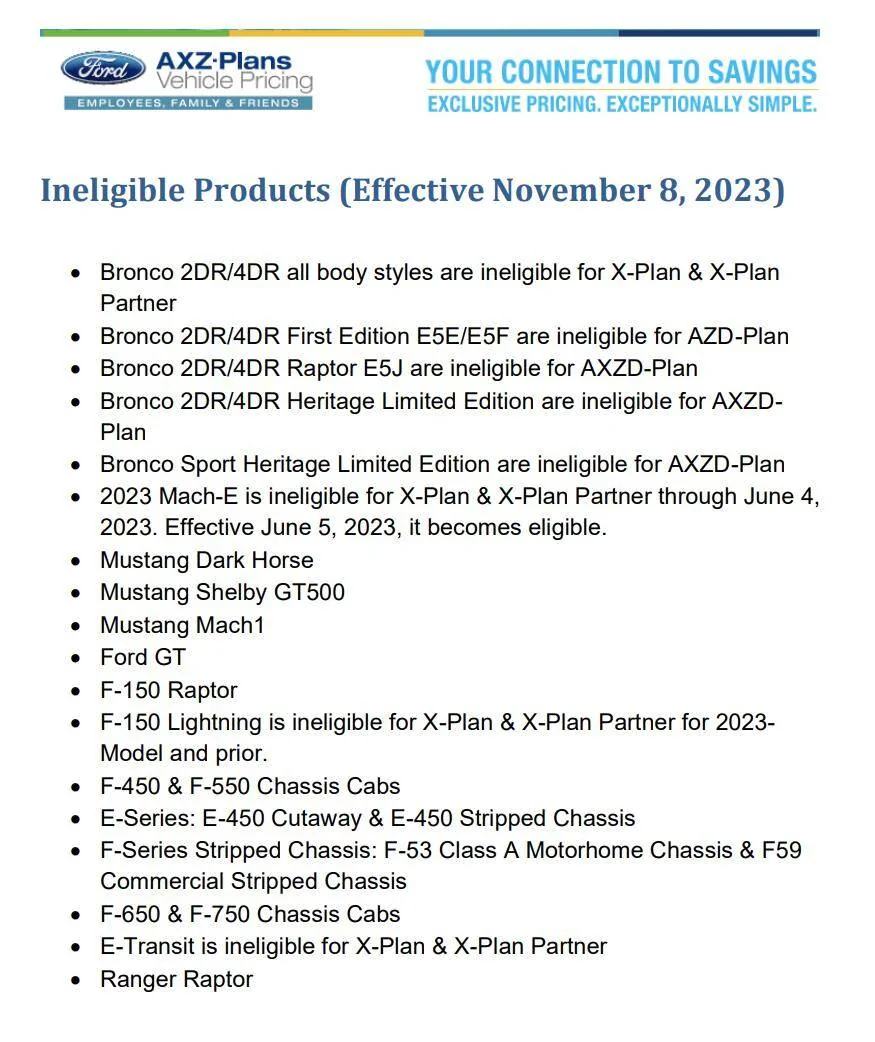 Ford Ranger Ford Discount Plans (AXZD): Ineligible Products 1703271055237
