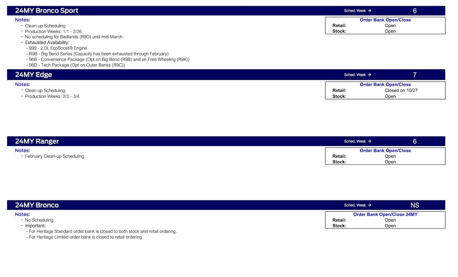 Ford Ranger 2024 Ranger February Clean-up Scheduling This Week (1/4/24) Ford Scheduling Notes - 1.2.24-2