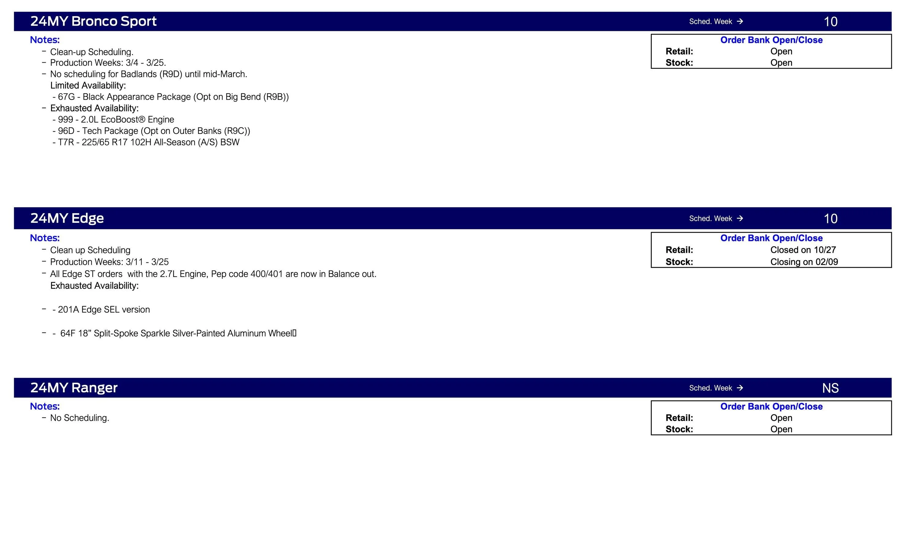 Ford Ranger 2024 Ranger No Scheduling This Week (2/1/24) Ford Scheduling Notes - 1.29.24-2