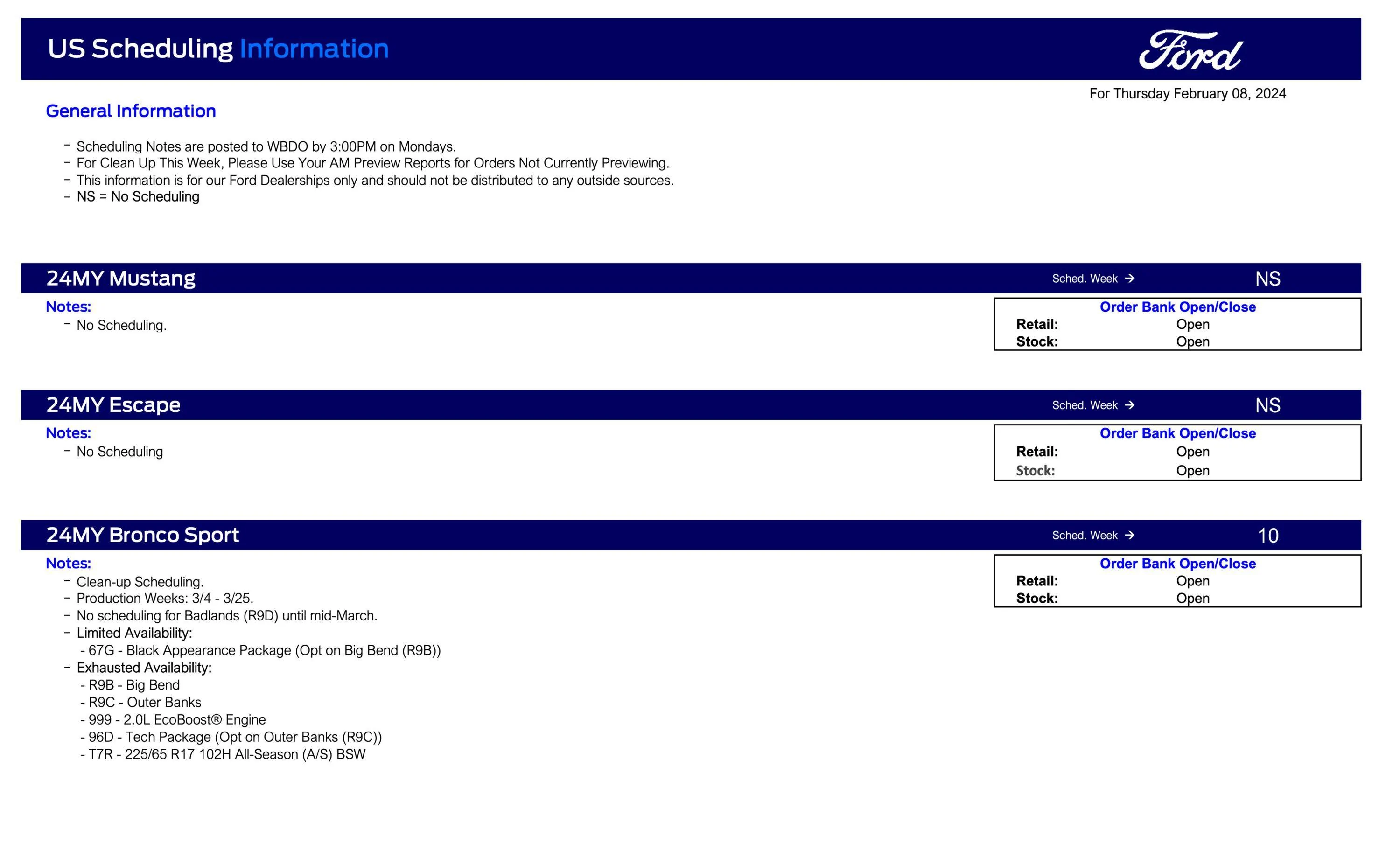Ford Ranger 2024 Ranger No Scheduling This Week (2/8/24) Ford Scheduling Notes - 2.5.24-1