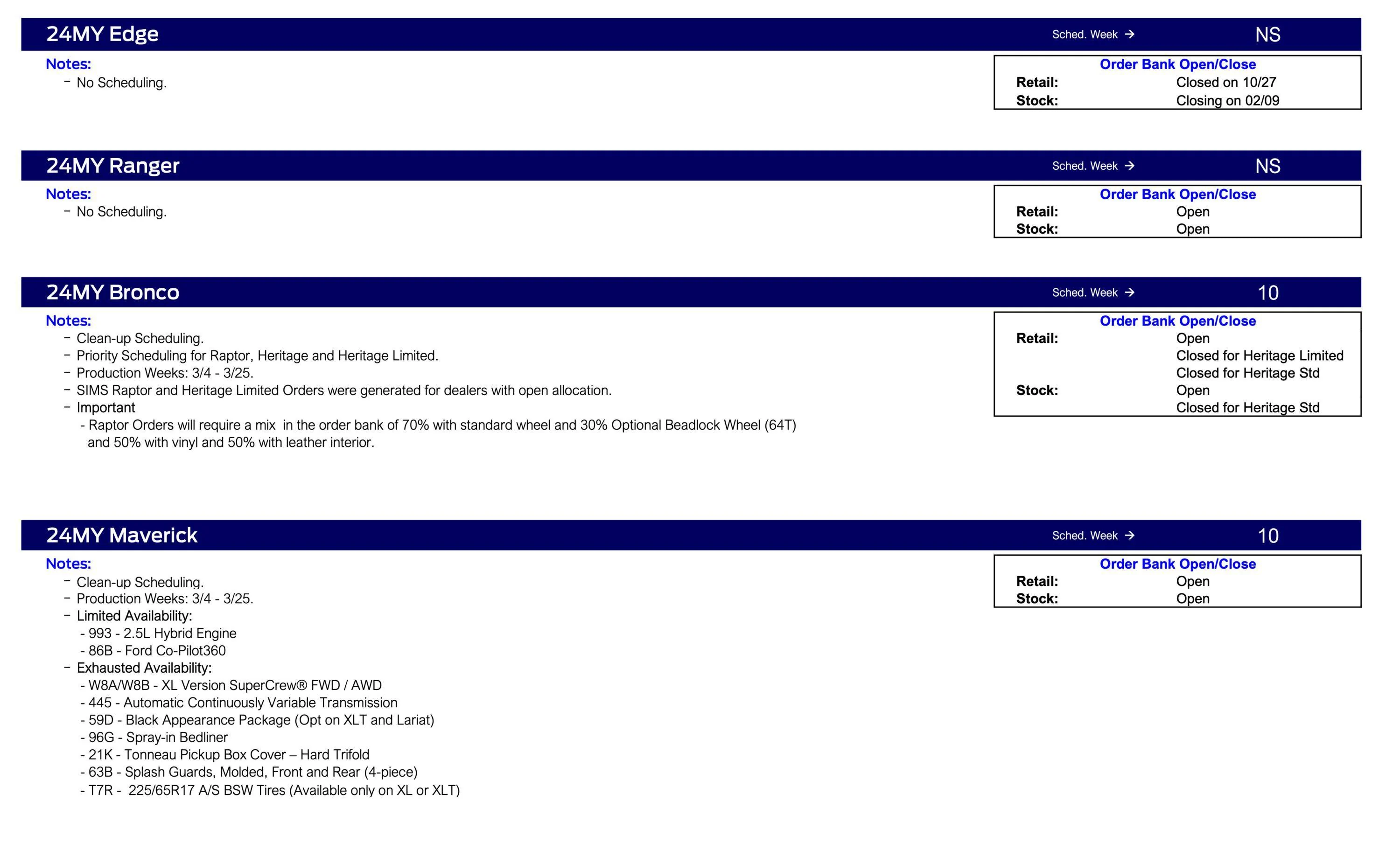 Ford Ranger 2024 Ranger No Scheduling This Week (2/8/24) Ford Scheduling Notes - 2.5.24-2