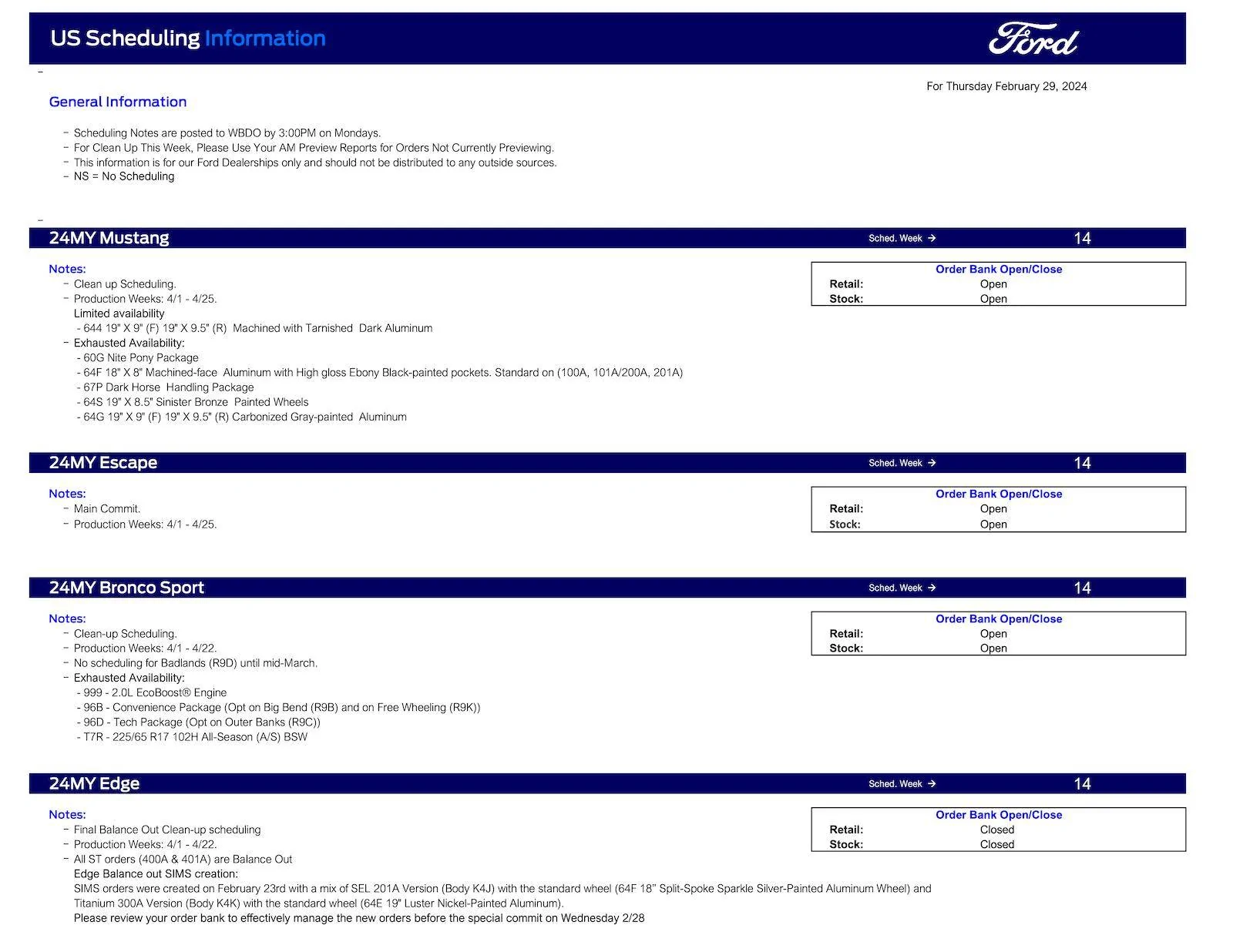 Ford Ranger 2024 Ranger No Scheduling This Week (2/29/24) Ford Scheduling Notes - 2.26.24-1