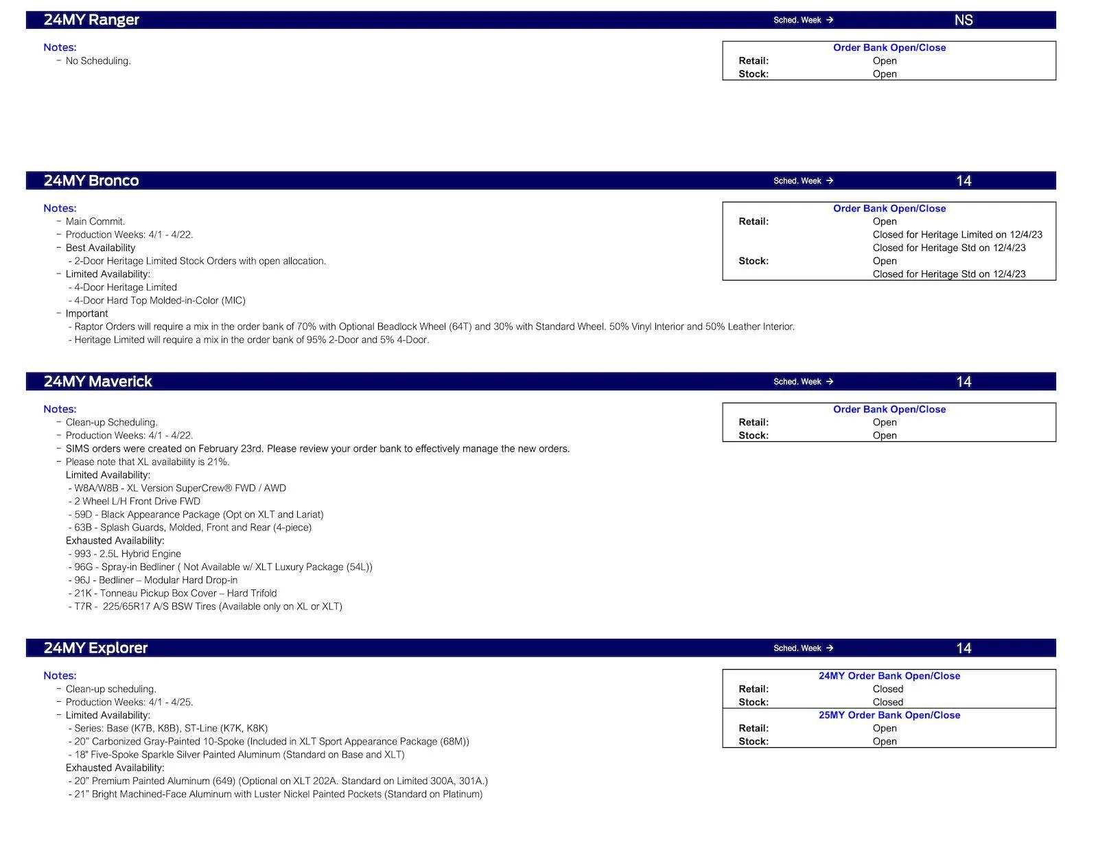 Ford Ranger 2024 Ranger No Scheduling This Week (2/29/24) Ford Scheduling Notes - 2.26.24-2