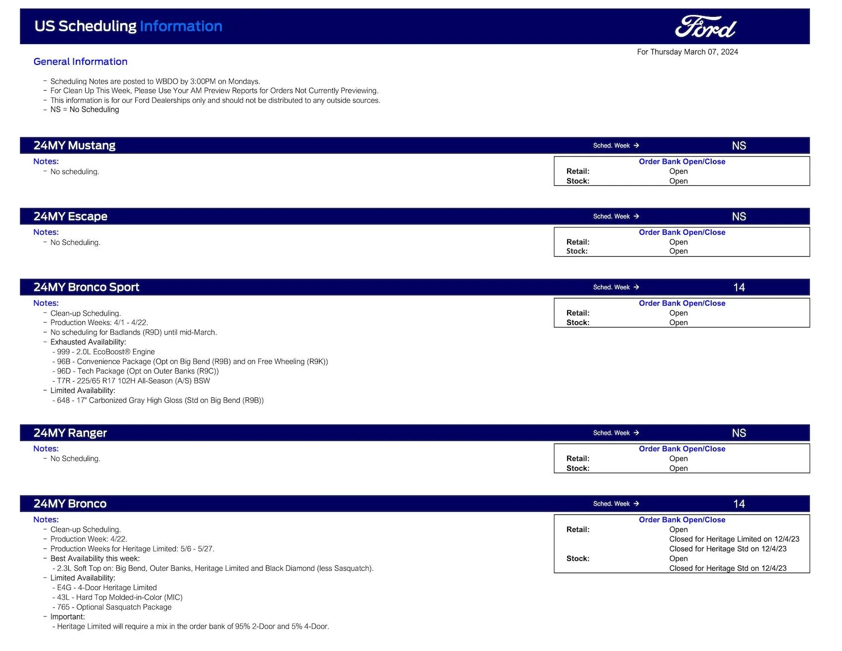 Ford Ranger 2024 Ranger No Scheduling This Week (3/7/24) Ford Scheduling Notes - 3.4.24-1