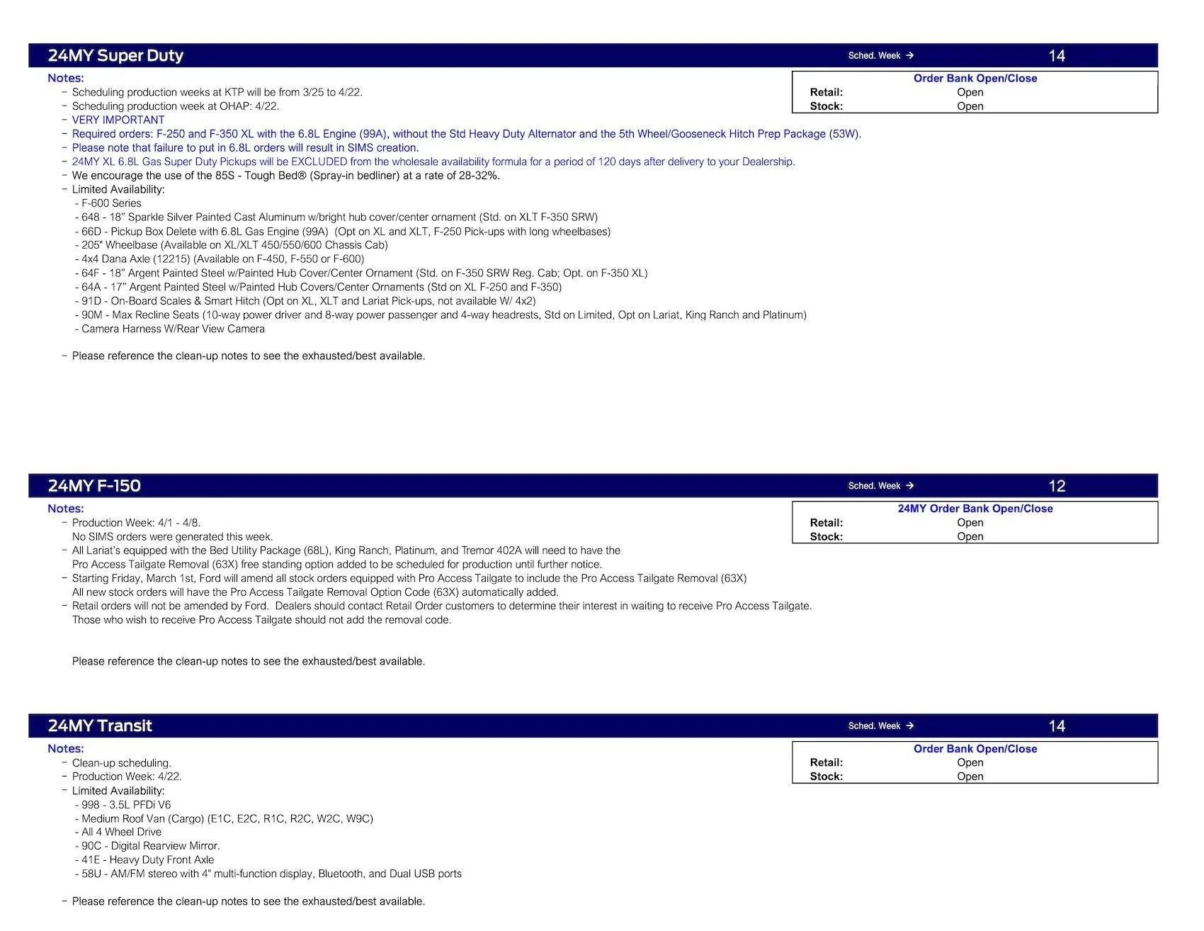 Ford Ranger 2024 Ranger No Scheduling This Week (3/7/24) Ford Scheduling Notes - 3.4.24-3