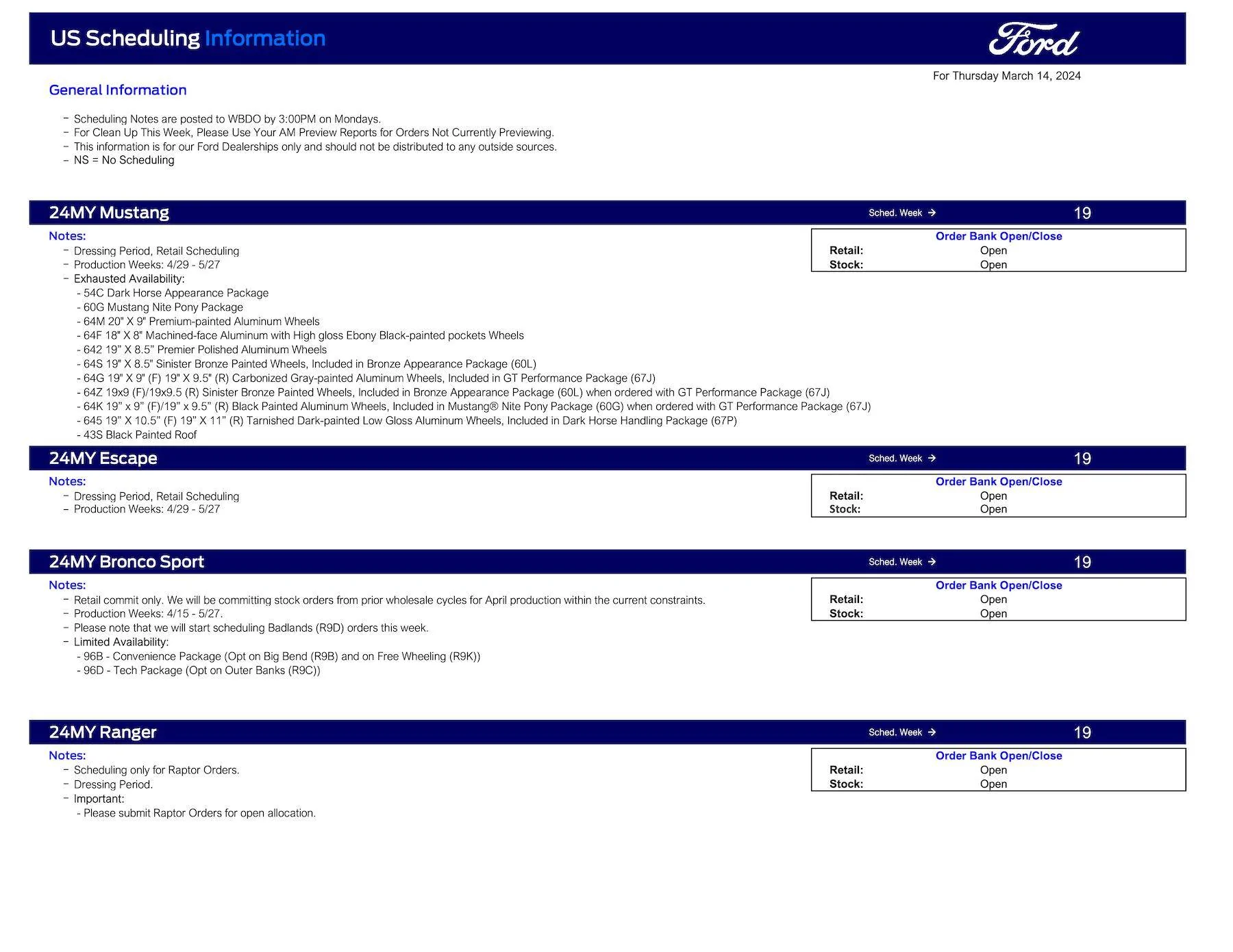 Ford Ranger 2024 Ranger Scheduling for Raptor Orders Only This Week (3/14/24) Ford Scheduling Notes - 3.11.24-1