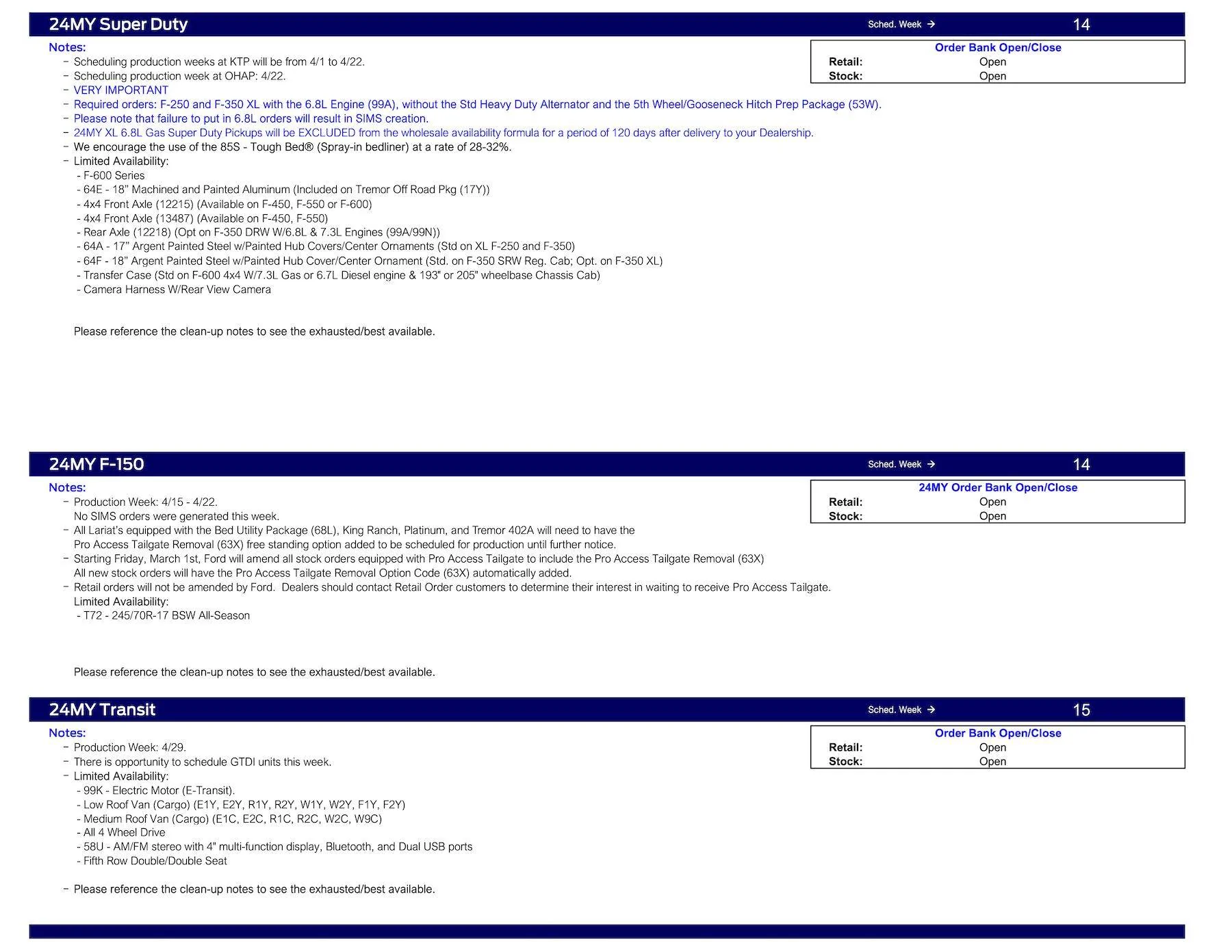 Ford Ranger 2024 Ranger Scheduling for Raptor Orders Only This Week (3/14/24) Ford Scheduling Notes - 3.11.24-3