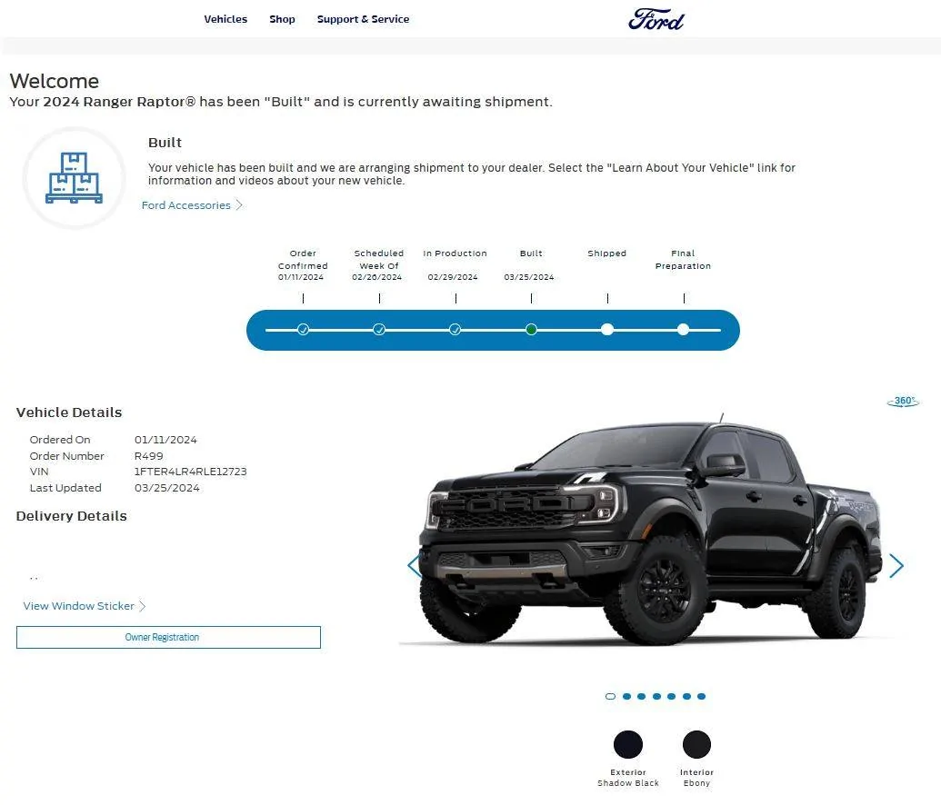 Ford Ranger No update on order tracker Built 3-25-2024
