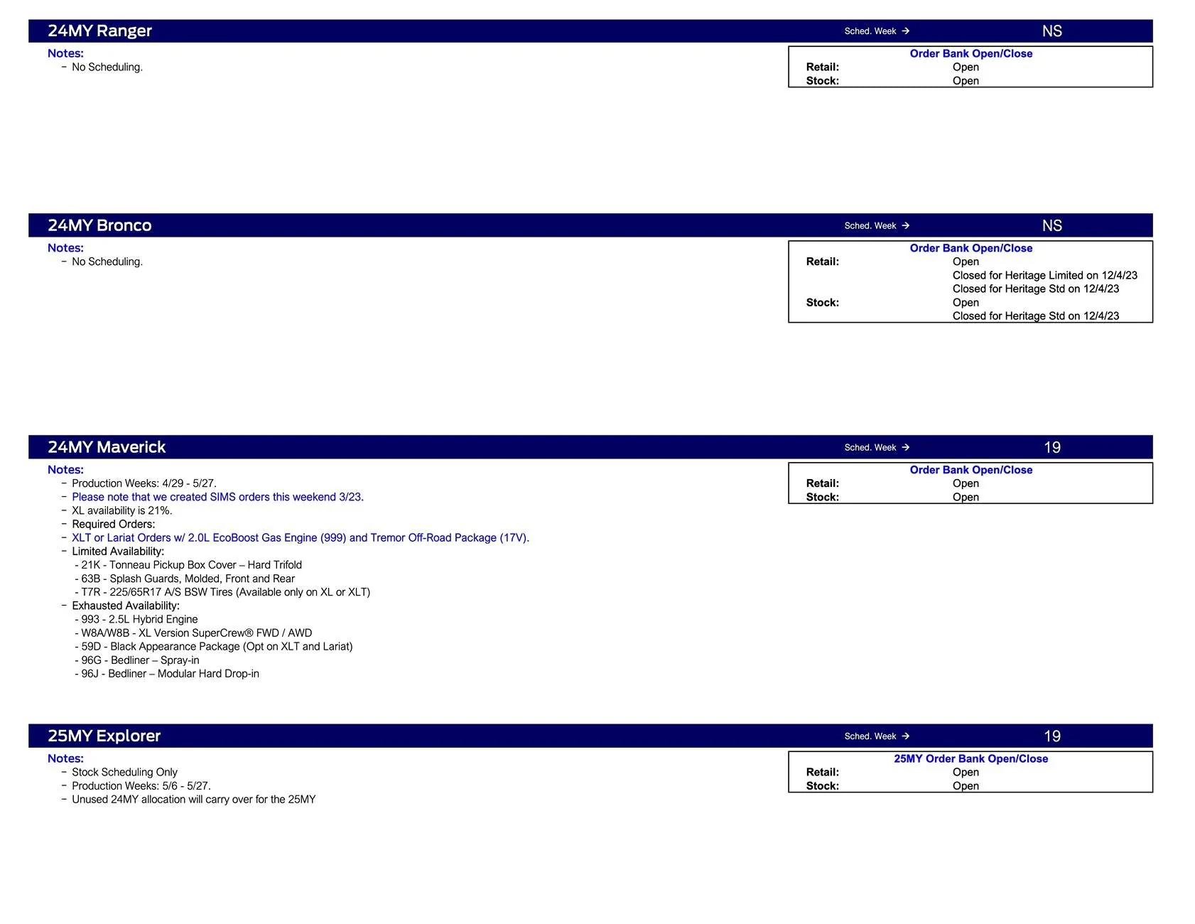 Ford Ranger 2024 Ranger No Scheduling This Week (3/28/24) Ford Scheduling Notes - 3.25.24-2