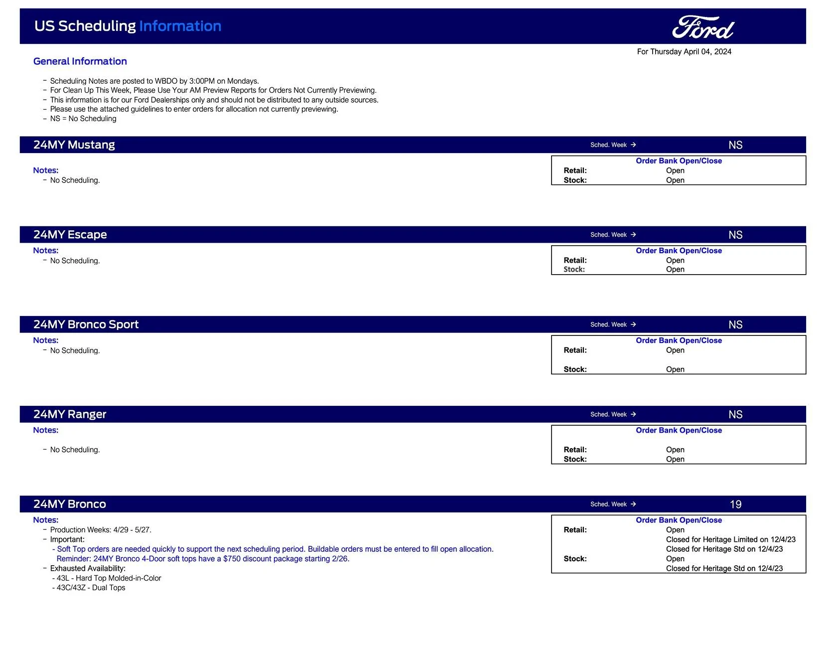Ford Ranger 2024 Ranger No Scheduling This Week (4/4/24) Ford Scheduling Notes - 4.2.24-1
