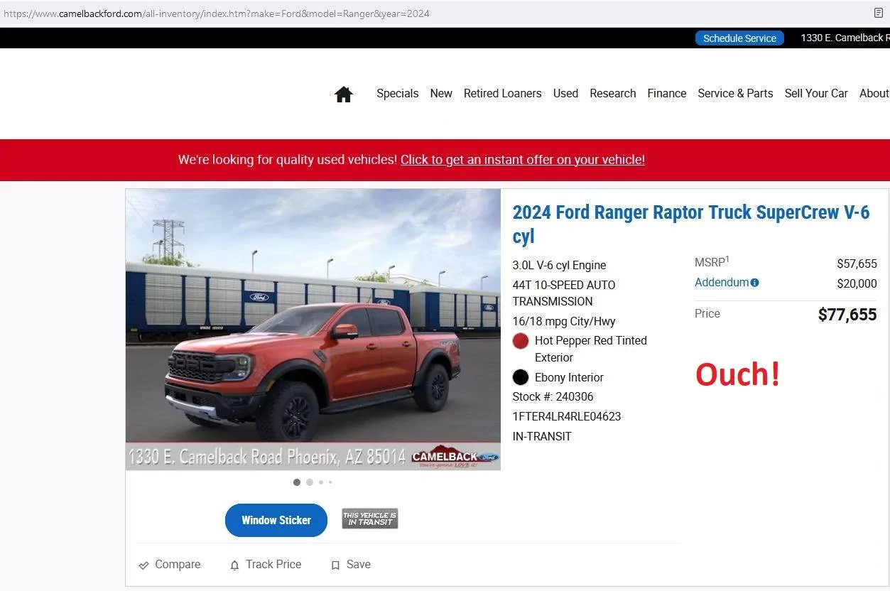 Ford Ranger My Ranger Raptor listed on the Dealers Website Camelback Ouch