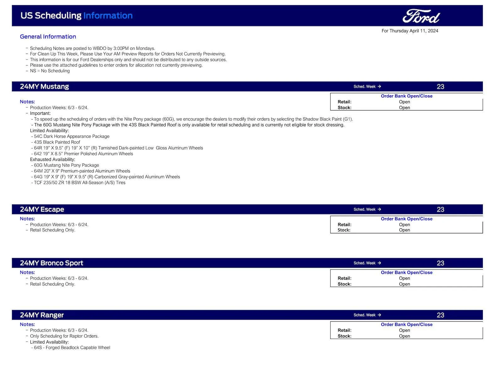 Ford Ranger 2024 Ranger Scheduling Only Raptors This Week (4/11/24) for Production Weeks 6/3 - 6/24 Ford Scheduling Notes - 4.8.24 -1