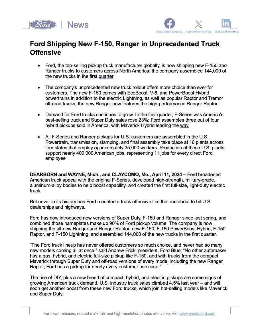 Ford Ranger News release: Ford Shipping New Ranger, F-150 in Unprecedented Truck Offensive Screenshot 2024-04-11 at 1.21.50 PM