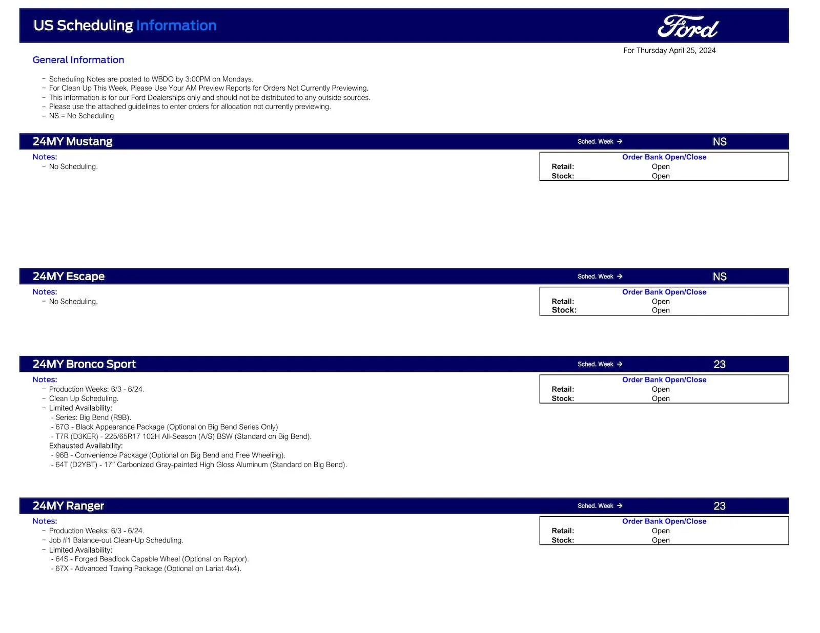 Ford Ranger 2024 Ranger Scheduling This Week (4/25/24) for Production Weeks 6/3 - 6/24 Ford Scheduling Notes - 4.22.24-1
