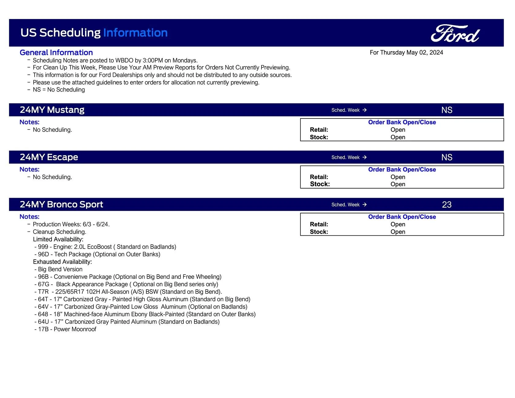 Ford Ranger 2024 Ranger No Scheduling This Week (5/2/24) Ford Scheduling Notes - 4.29.24-1