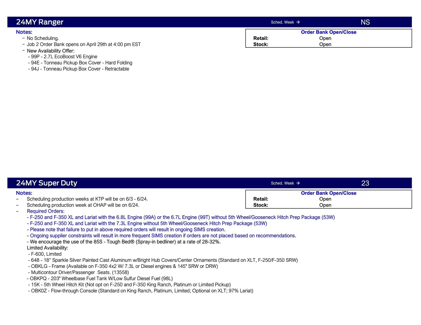 Ford Ranger 2024 Ranger No Scheduling This Week (5/2/24) Ford Scheduling Notes - 4.29.24-3