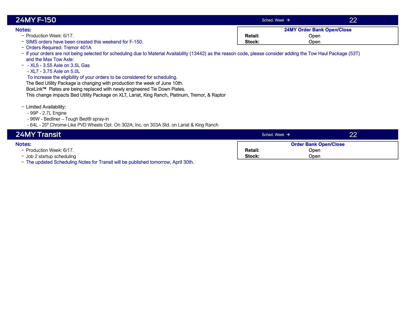 Ford Ranger 2024 Ranger No Scheduling This Week (5/2/24) Ford Scheduling Notes - 4.29.24-4