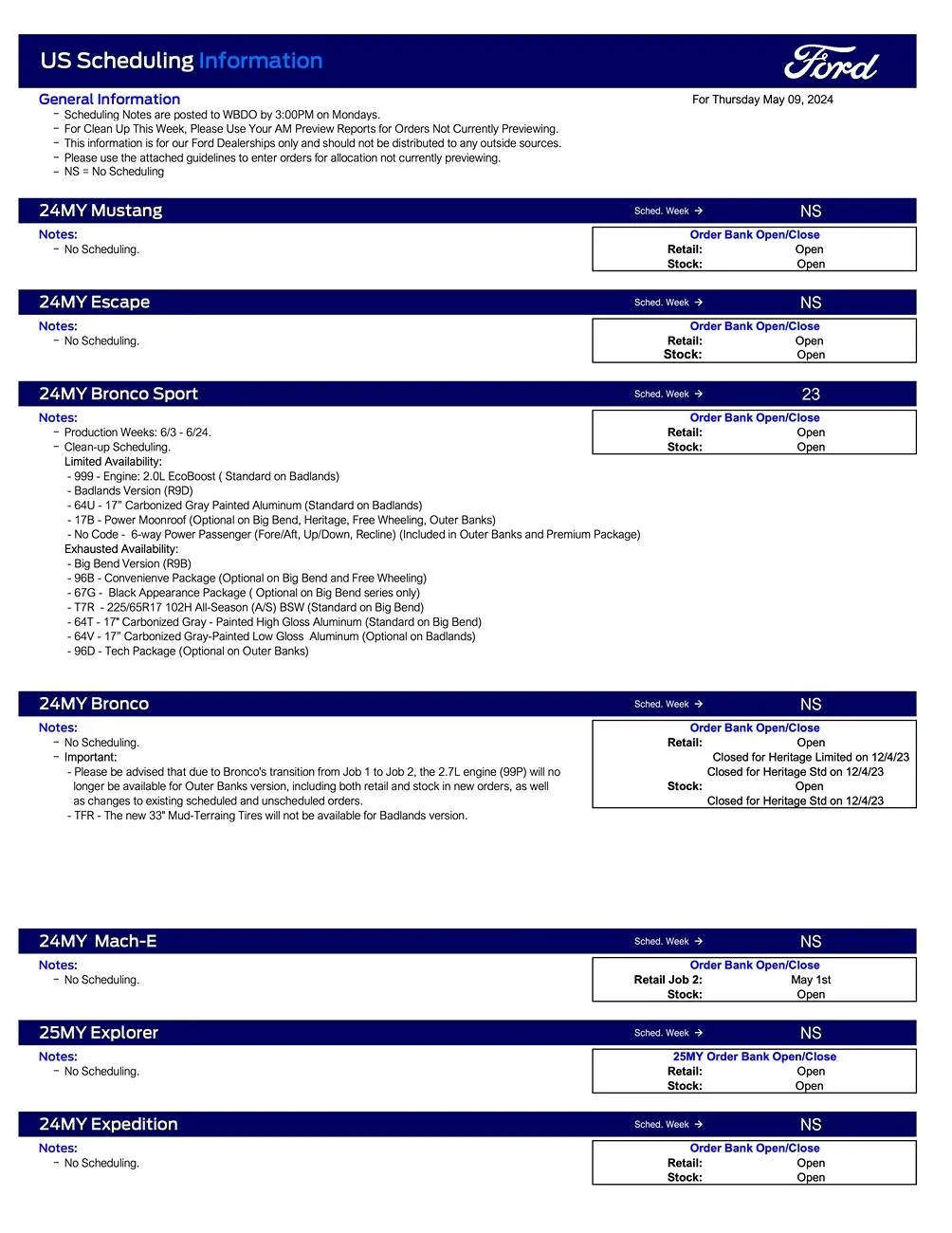 Ford Ranger 2024 Ranger No Scheduling This Week (5/9/24) Ford Scheduling Notes - 5.6.24-1