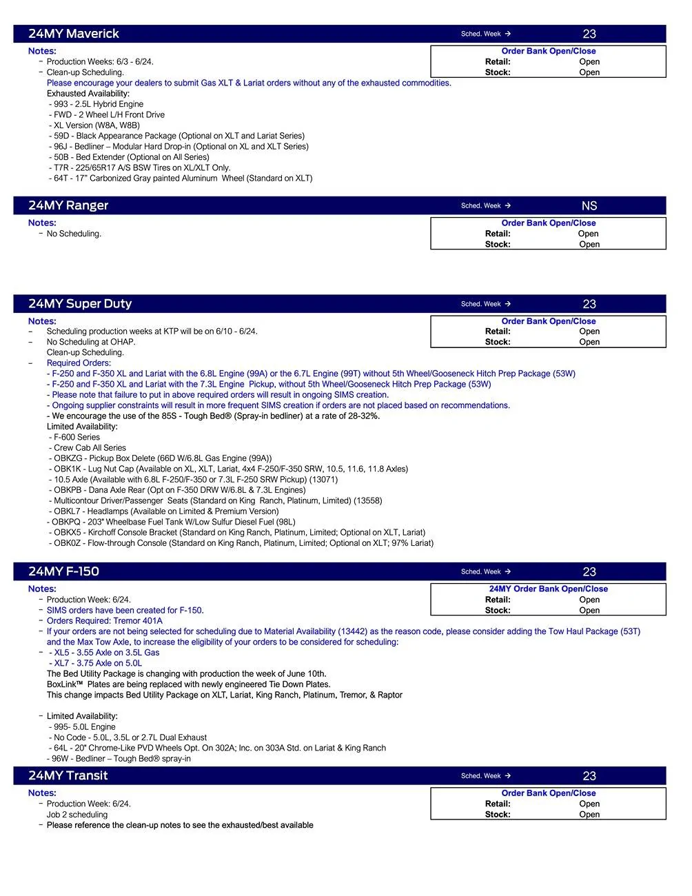Ford Ranger 2024 Ranger No Scheduling This Week (5/9/24) Ford Scheduling Notes - 5.6.24-2