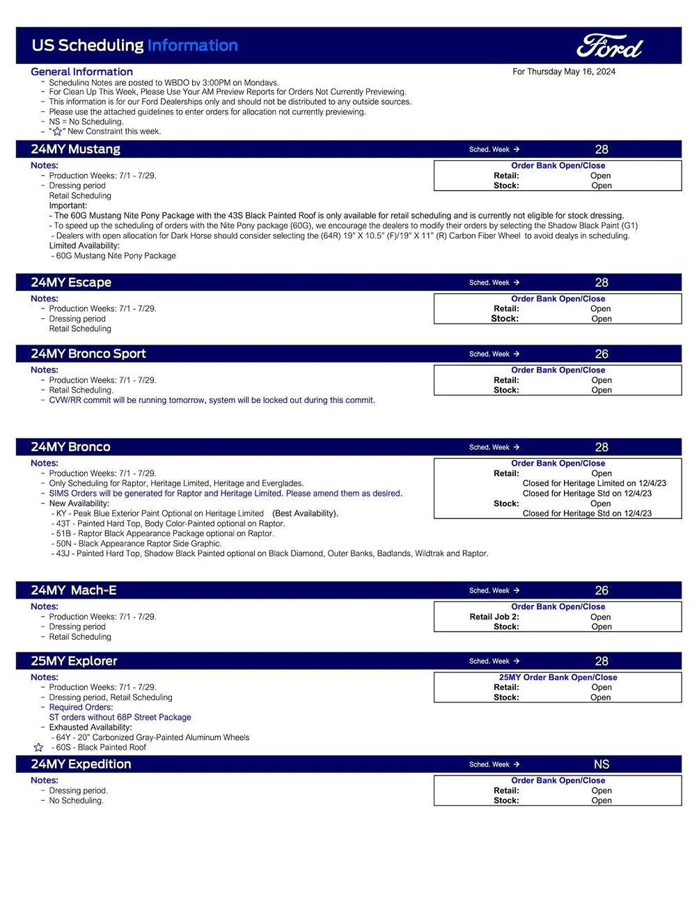 Ford Ranger 2024 Ranger Scheduling This Week (5/16/24) for RAPTOR Orders Only Ford Scheduling Notes - 5.13.24-1