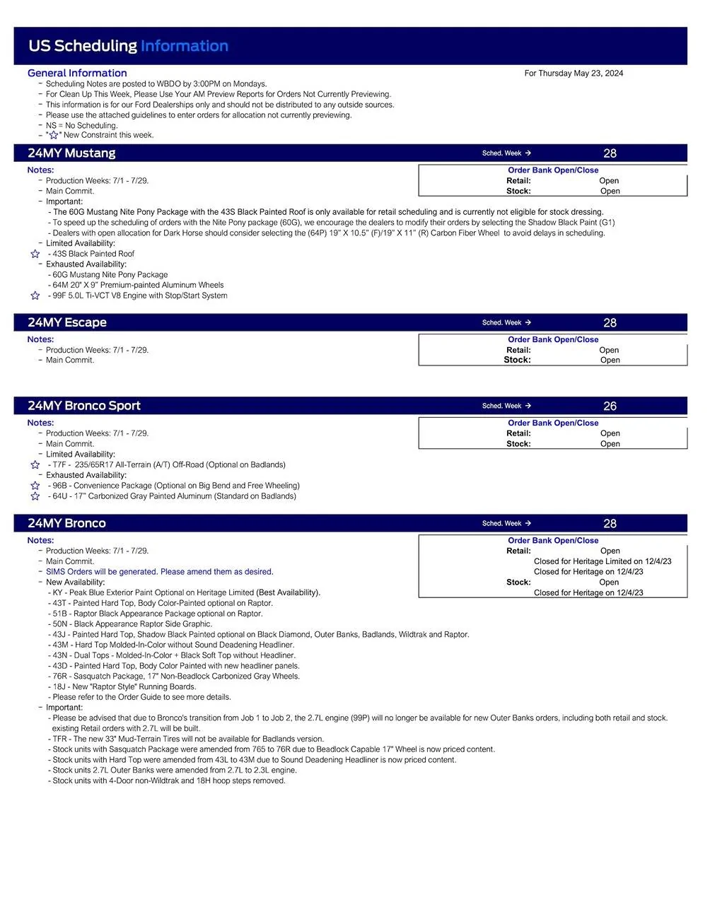 Ford Ranger 2024 Ranger Scheduling This Week (5/23/24) for Production Weeks 7/1 - 7/29 US Ford Scheduling Notes - 5.20.24-1