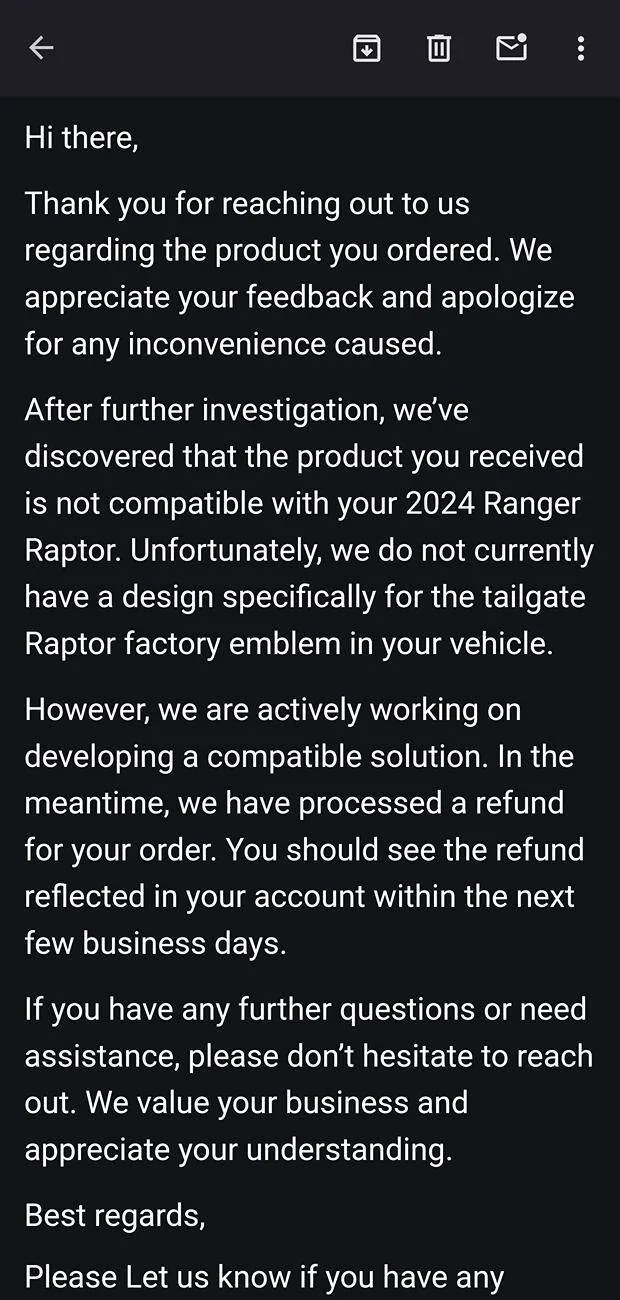 Ford Ranger Warning: Tailgate Letters from previous generation Ranger does not fit Screenshot_20240525_114418_Gmail