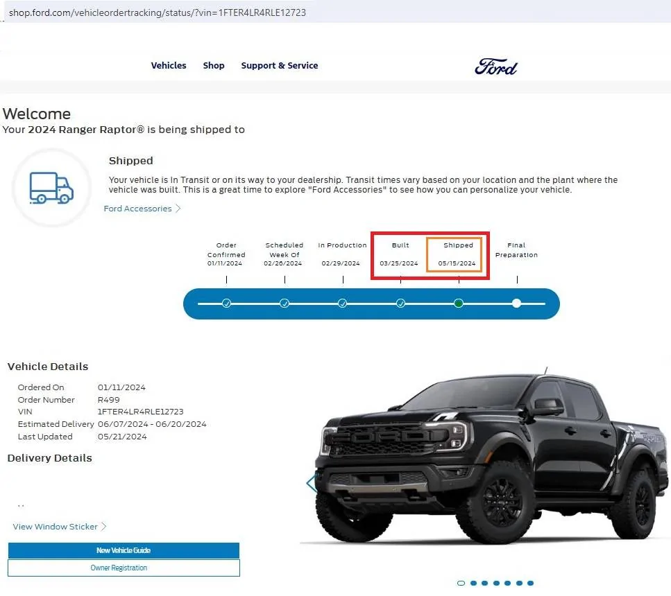 Ford Ranger My Ranger Raptor is finally on the way...or so they say... Shipped 5-15-2024