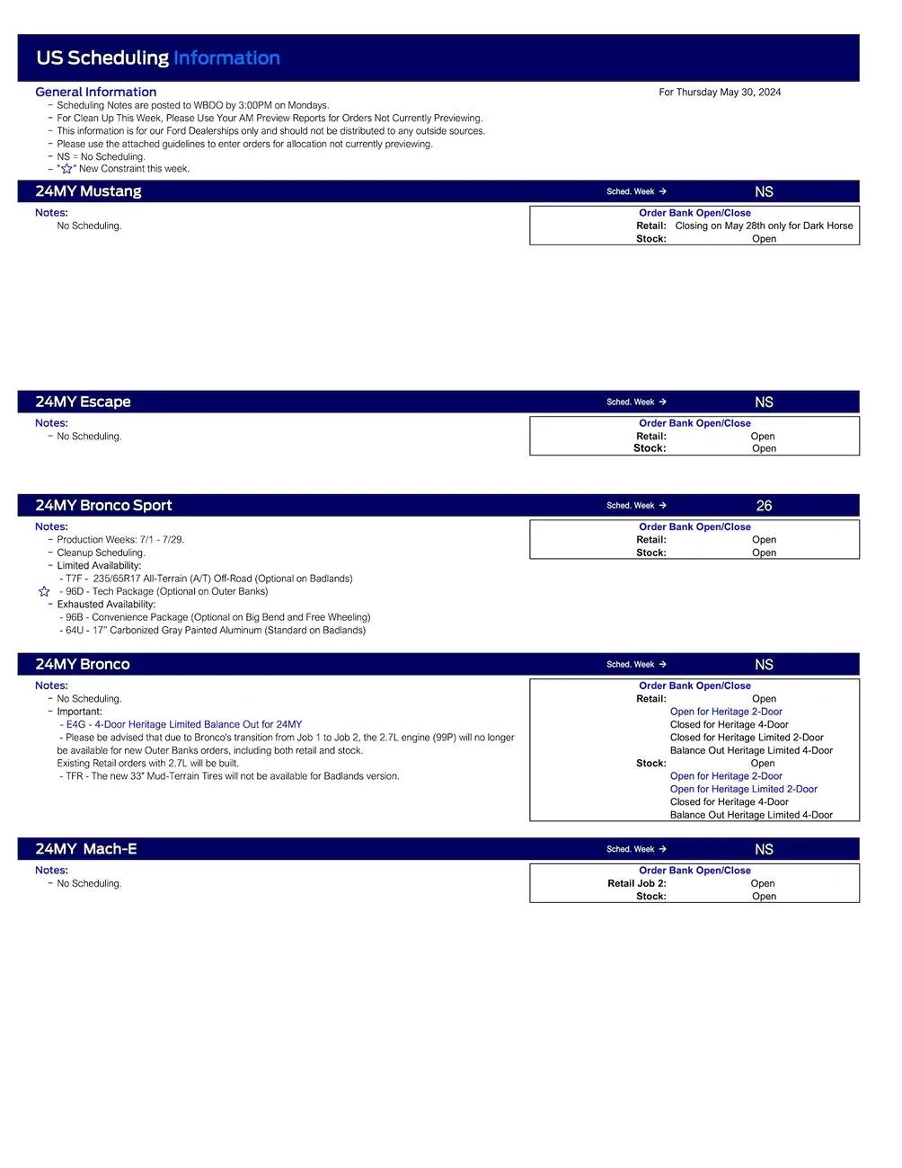 Ford Ranger 2024 Ranger No Scheduling This Week (5/30/24) US Ford Scheduling Notes - 5.28.24-1