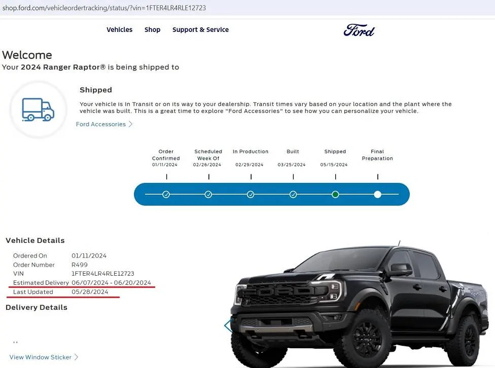 Ford Ranger My Ranger Raptor is finally on the way...or so they say... ETA June 7th - 20th, 2024
