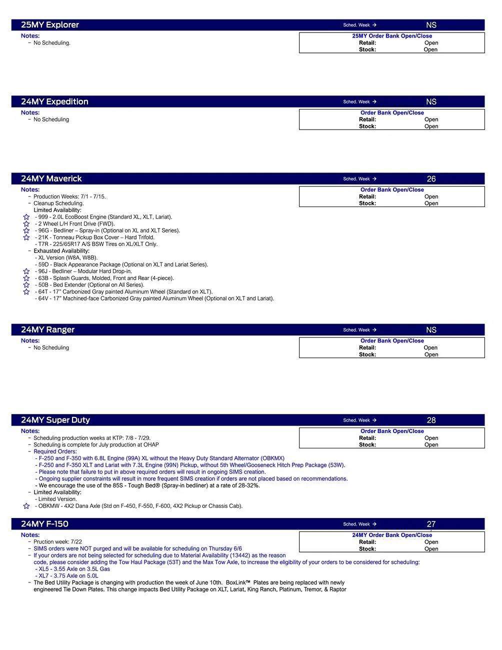 Ford Ranger 2024 Ranger No Scheduling This Week (6/6/24) US Ford Scheduling Notes - 6.3.24-2