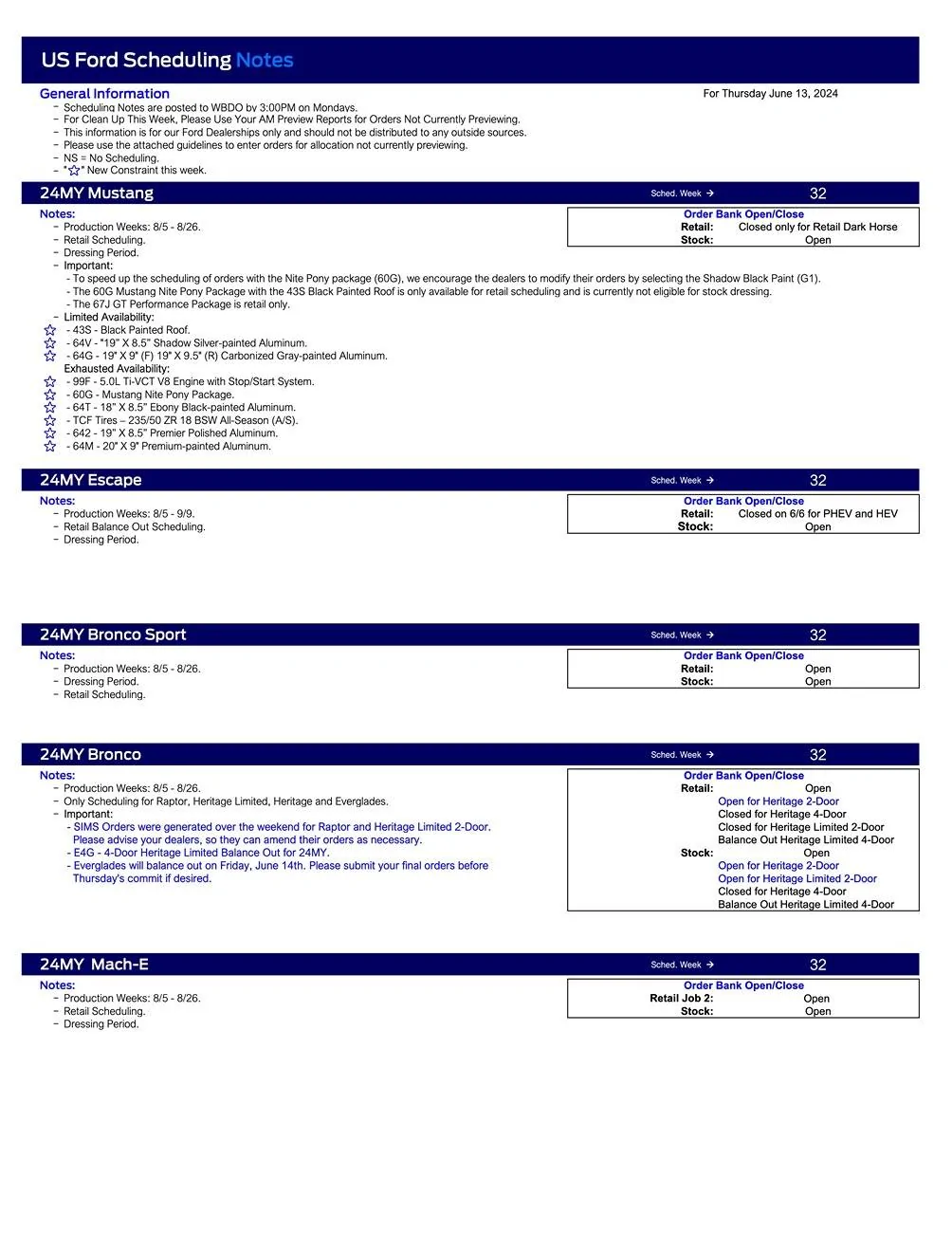 Ford Ranger 2024 Ranger Scheduling This Week (6/13/24) for Production Weeks 8/5 - 8/26 US Ford Scheduling Notes - 6.10.24-1