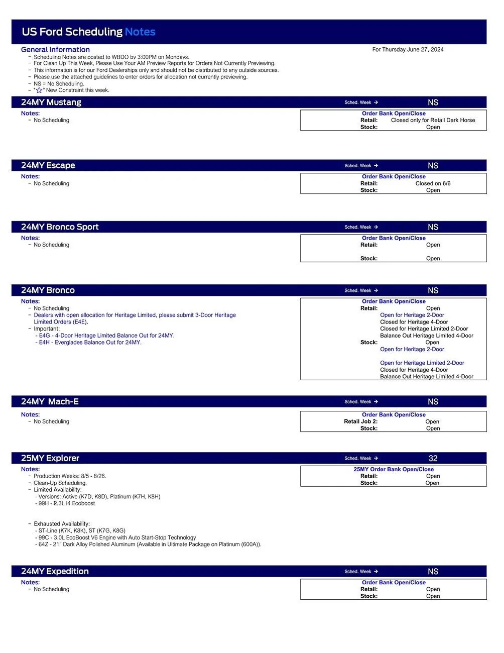 Ford Ranger 2024 Ranger No Scheduling This Week (6/27/24) US Ford Scheduling Notes - 6.24.24-1