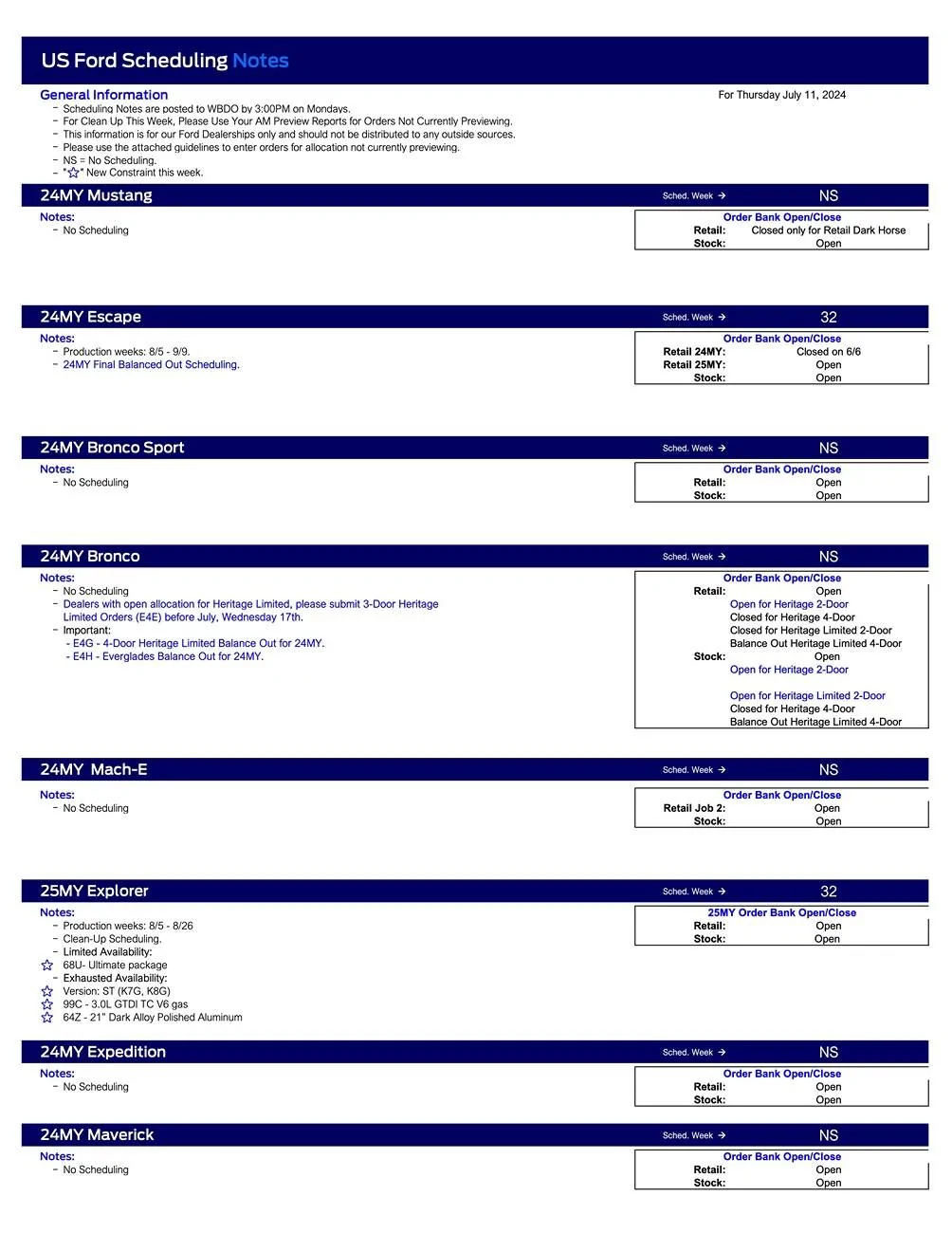 Ford Ranger 2024 Ranger No Scheduling This Week (7/9/24) US Ford Scheduling Notes -  7.8.24-1