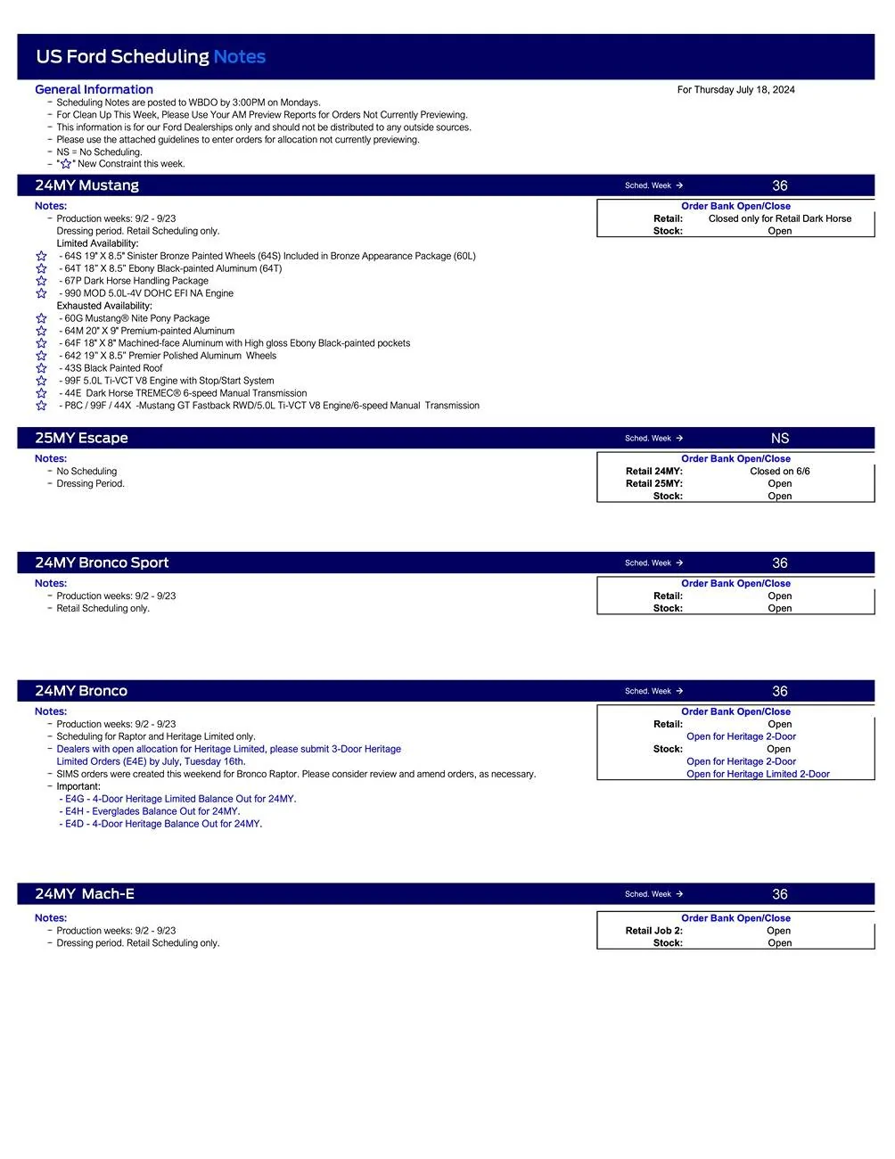 Ford Ranger 2024 Ranger [RAPTOR ONLY] Scheduling This Week (7/18/24) for Production Weeks 9/2 - 9/23 US Ford Scheduling Notes - 7.15.24-1