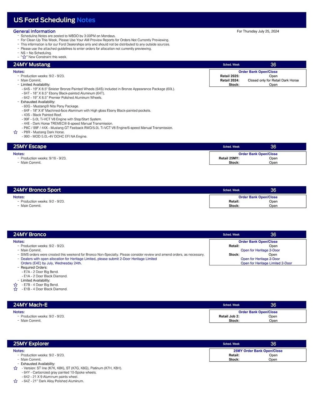 Ford Ranger 2024 Ranger Scheduling This Week (7/25/24) for Production Weeks 9/2 - 9/23 US Ford Scheduling Notes - 7.22.24-1