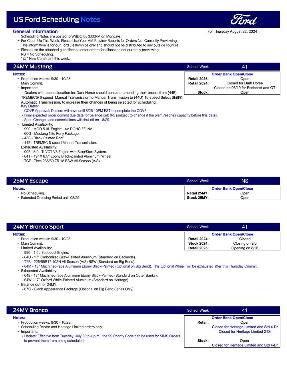 Ford Ranger 2024 Ranger Scheduling This Week (8/22/24) for Production Weeks 9/30 - 10/28 US Ford Scheduling Notes - 8.19.24-1