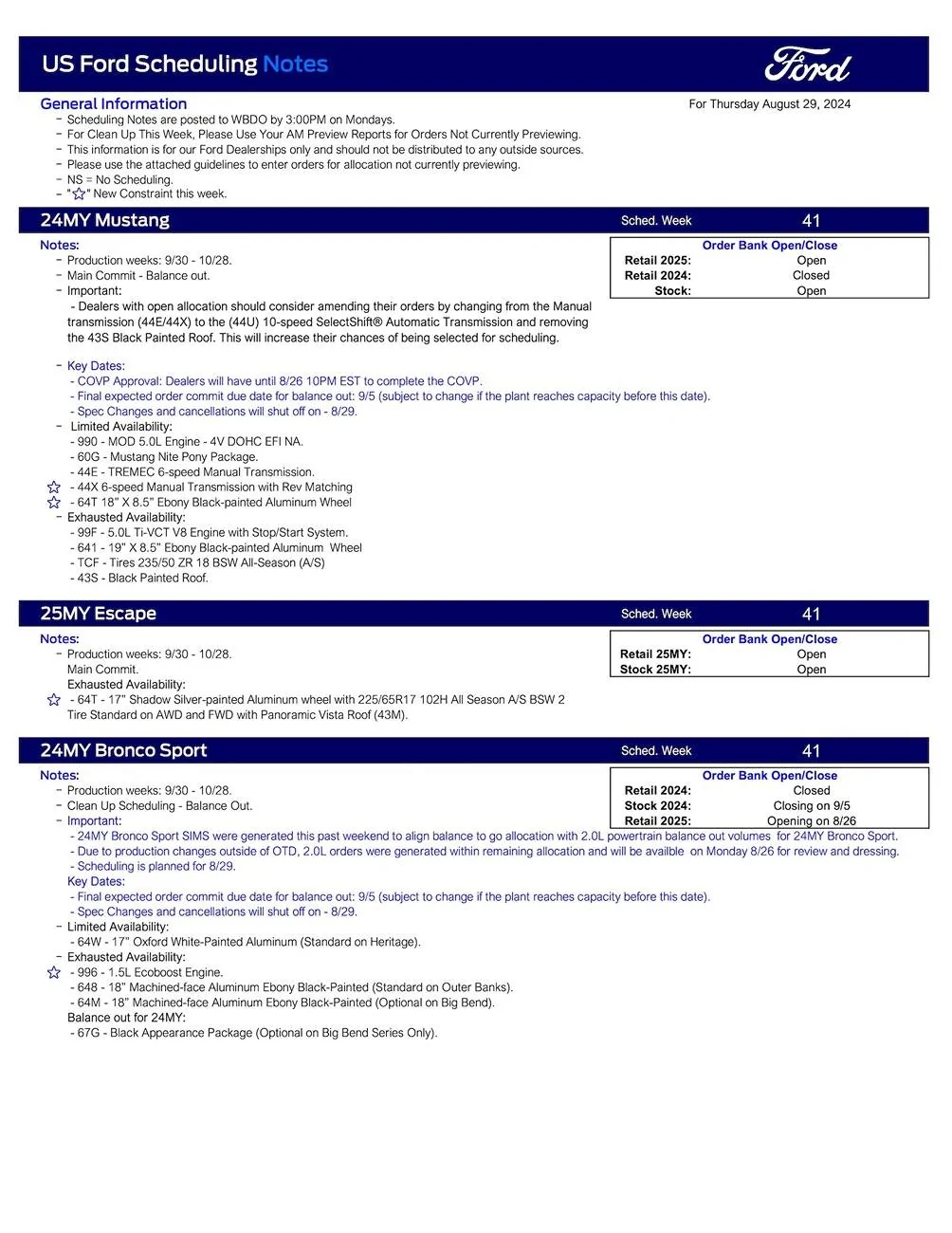Ford Ranger 2024 Ranger Scheduling This Week (8/29/24) for Production Weeks 9/30 - 10/28 US Ford Scheduling Notes - 8.27.24-1
