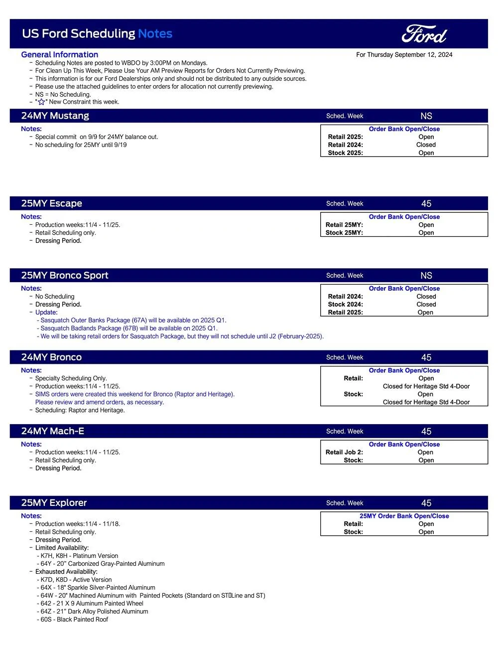 Ford Ranger 2025 Ranger Order Banks Open 10/15/24, Job 1 Starts 1/2/25.  2024MY Scheduling Raptor Only This Week (9/12/24) for Production Weeks 11/4 - 11/25 US Ford Scheduling Notes - 9.9.24-1