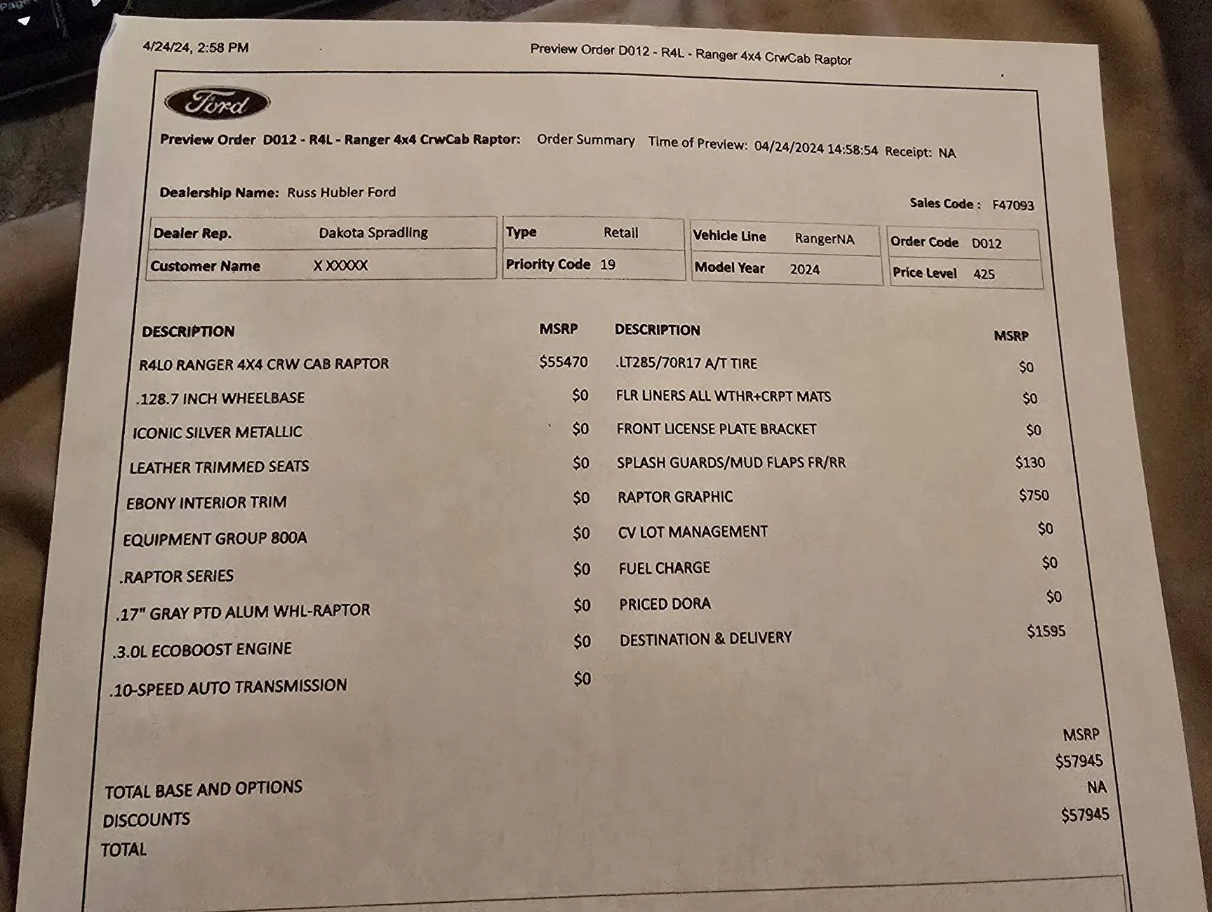 Ford Ranger 2025 Ranger Order Banks Open 10/15/24, Job 1 Starts 1/2/25.  2024MY Scheduling Raptor Only This Week (9/12/24) for Production Weeks 11/4 - 11/25 20240917_134622