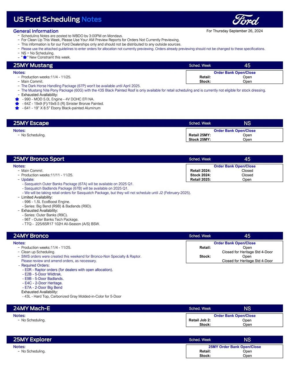 Ford Ranger 2024 Ranger Scheduling This Week (9/26/24) for Production Week 11/25 US Ford Scheduling Notes - 9.23.24-1